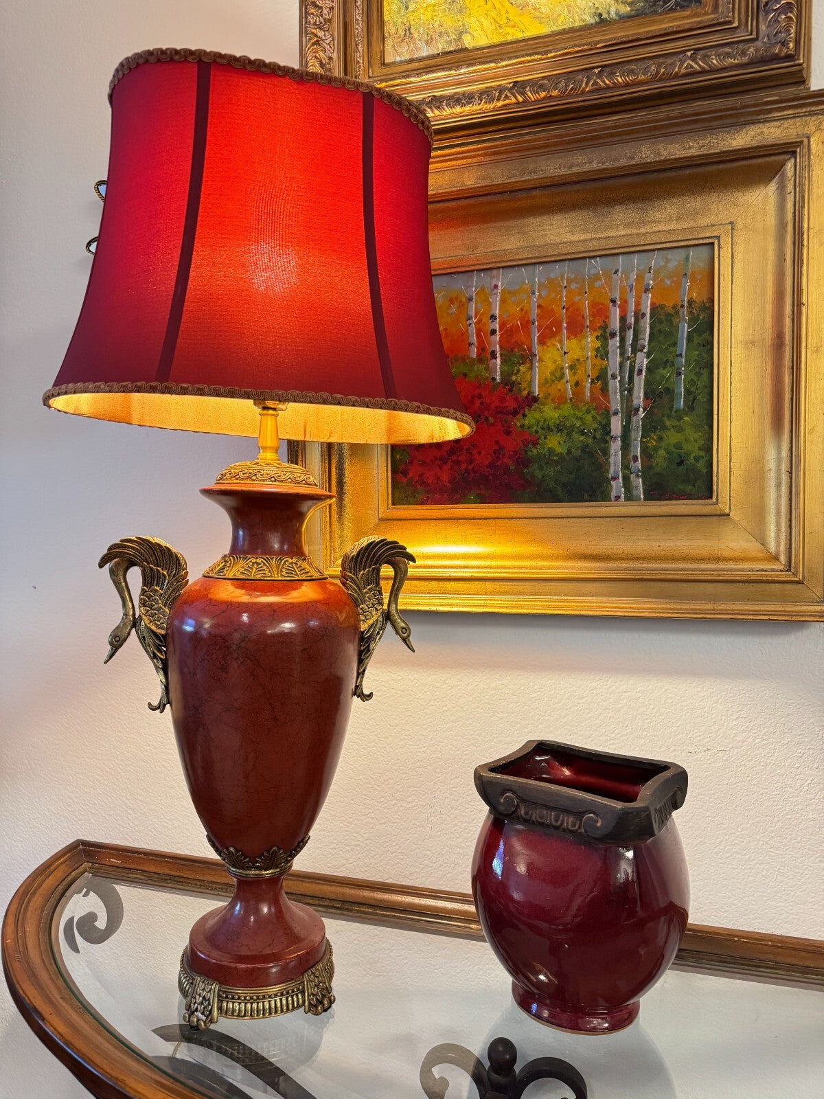 Vintage Ornate Brass Swan Handle Table Lamp – 33” Tall with Red Shade,