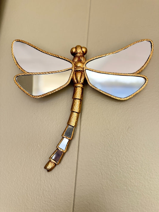 Gold Dragonfly Wall Mirror Décor – Resin Insect Art  Brand New  10” x 9”