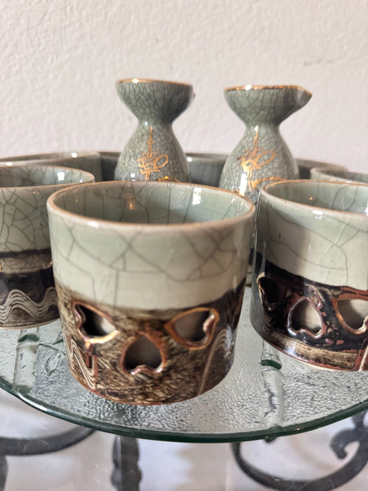 Somayaki Soma Ware Sake Cups Shot Glass Set of 8 Celadon old Horse Double Wall ,
