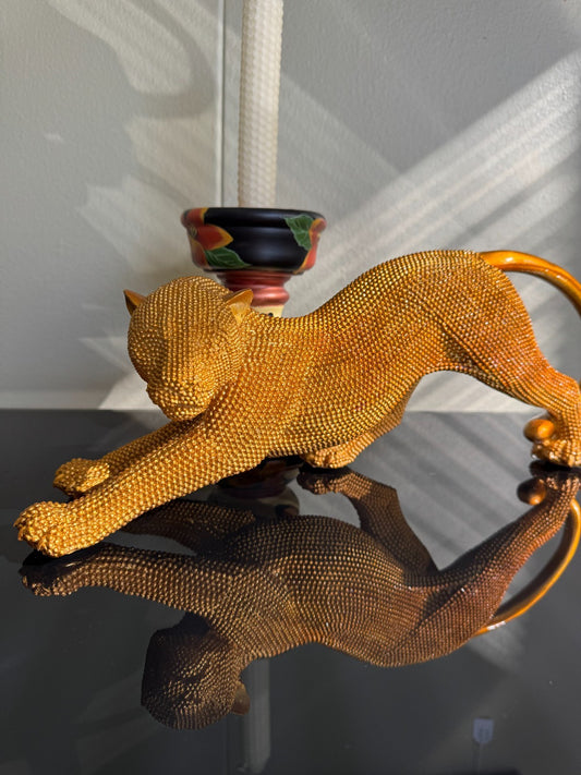 Sparking  Resin Panther Figurine – Stretching Big Cat Sculpture,  15” Long