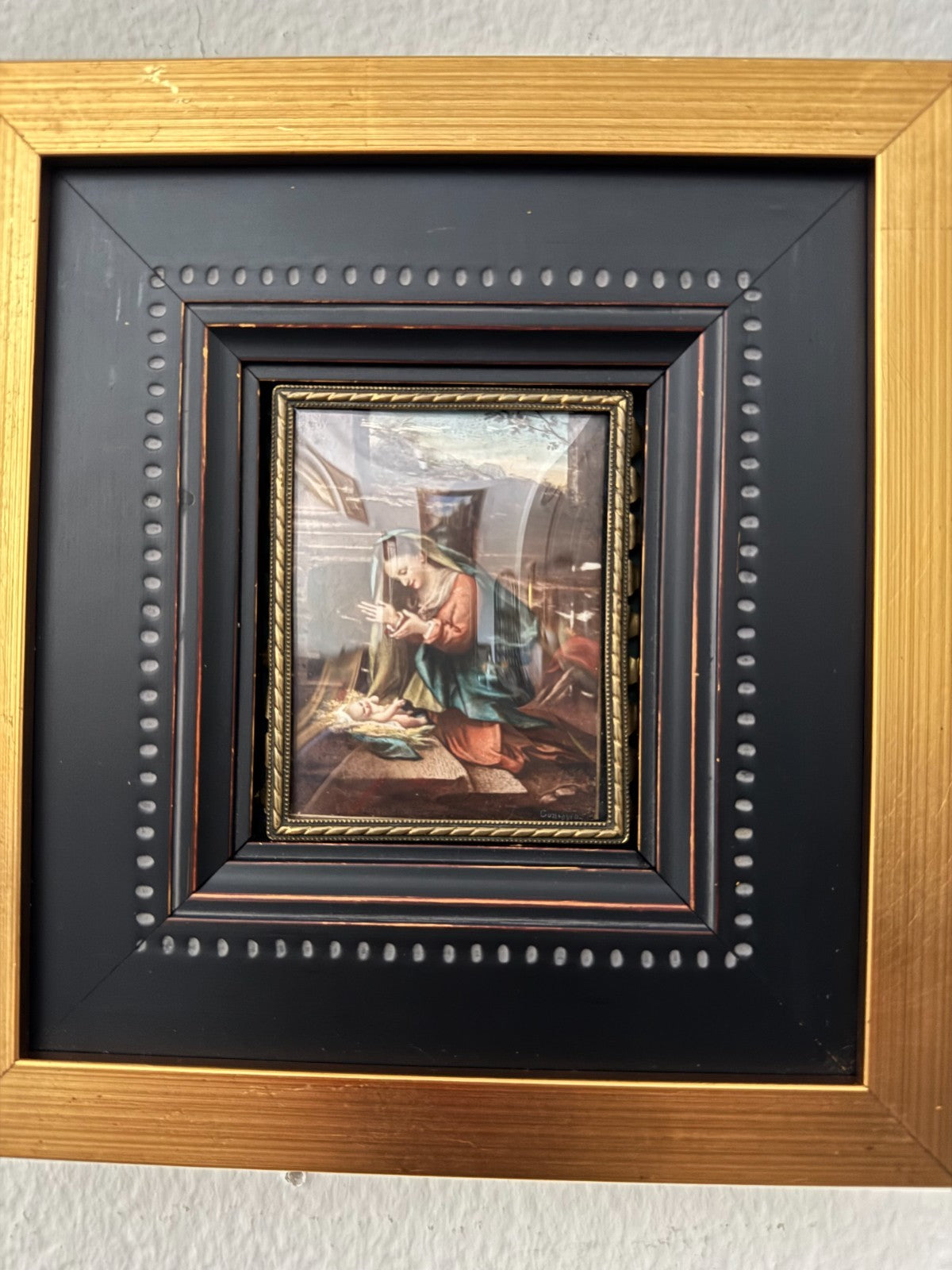 Antique Miniature  Painting – Madonna and Child Nativity Scene Signed Correggio