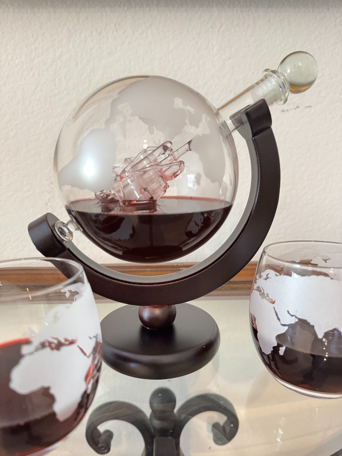 Whiskey Decanter Globe Set with Ship Inside + 2 Etched Glasses – World Map