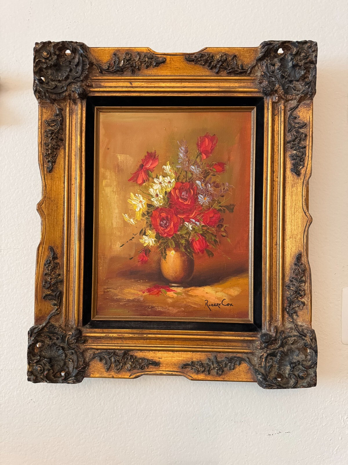 Vintage Robert Cox Original Oil Painting Floral Handcrafted Wooden Gold Frame