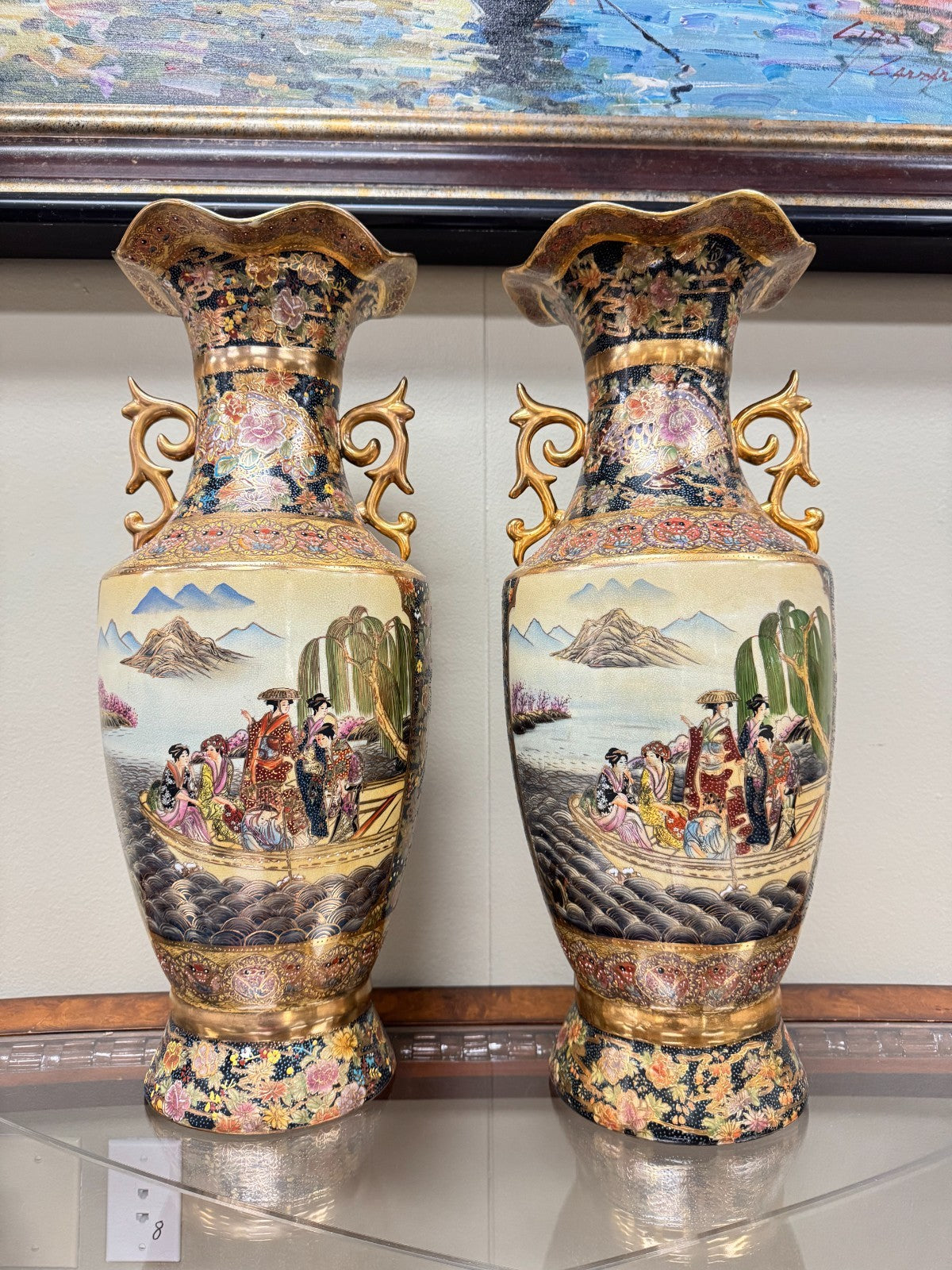 Pair Large 24” Japanese Satsuma Vases Hand Painted Gold Moriage Geisha Scene