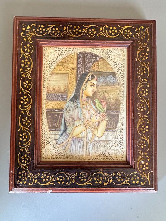 Antique Indian Miniature Painting Princess With Parrot- Mughal style -9''x6''