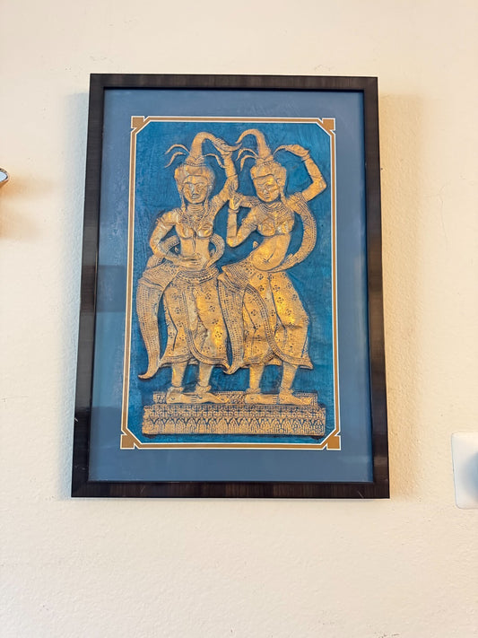 Framed Thai Embossed Artwork – Apsara Dancers in Gold on Blue Background, 25”x18