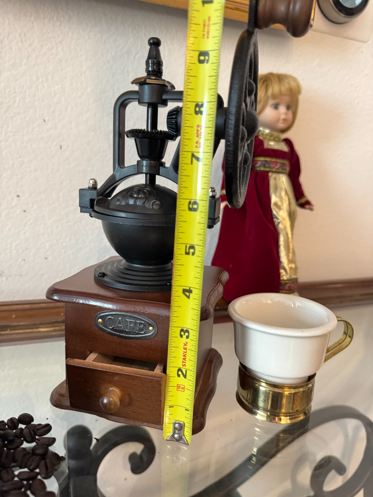 Vintage-Style Manual Coffee Grinder Cast Iron & Wood Hand Crank Mill “CAFE” 9”