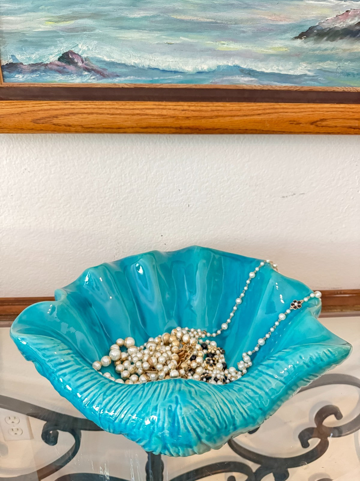 Large Turquoise Ceramic Clam Shell Bowl | Marine Style  16”
