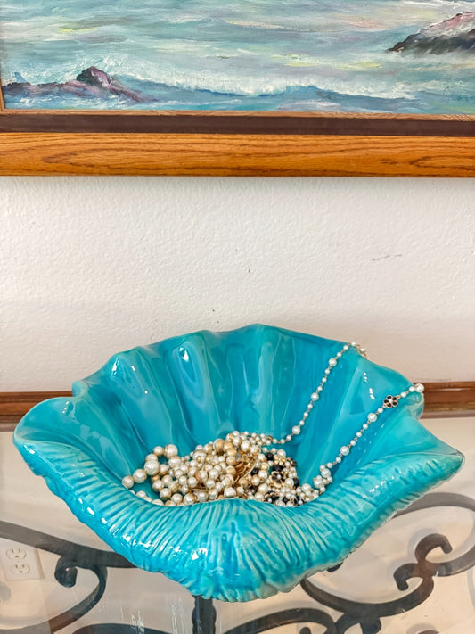 Large Turquoise Ceramic Clam Shell Bowl | Marine Style  16”