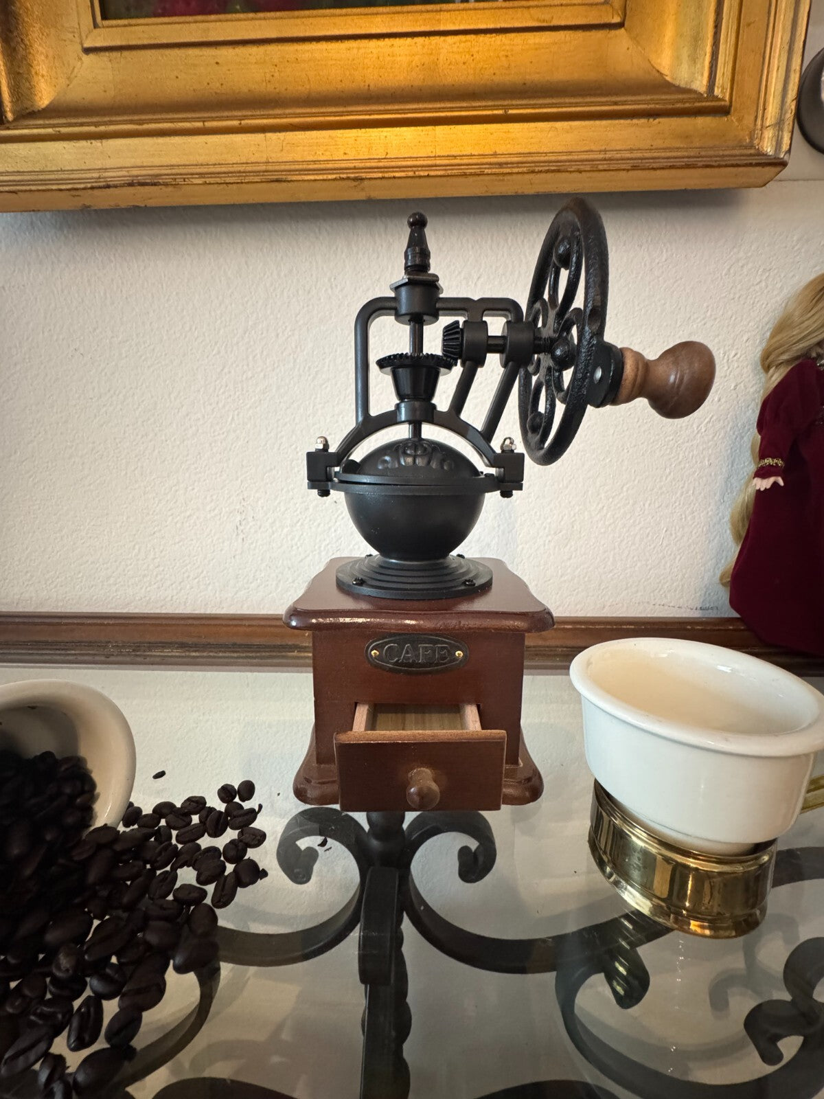 Vintage-Style Manual Coffee Grinder Cast Iron & Wood Hand Crank Mill “CAFE” 9”