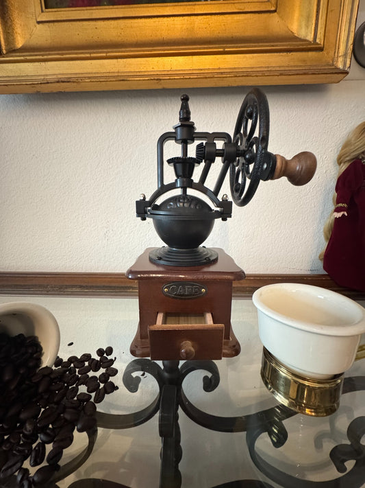 Vintage-Style Manual Coffee Grinder Cast Iron & Wood Hand Crank Mill “CAFE” 9”