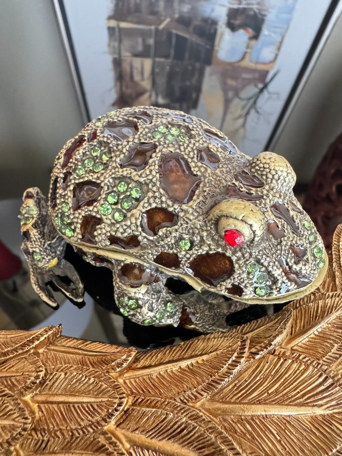 Jeweled Frog Trinket Box with Green Rhinestones & Red Eyes Vintage Style
