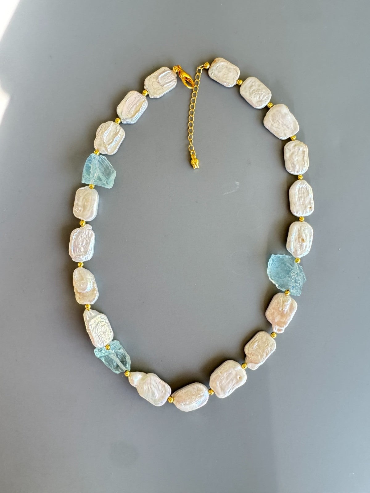 Natural Baroque Pearl & Raw Aquamarine Gemstone Necklace – 18” Adjustable, Handm