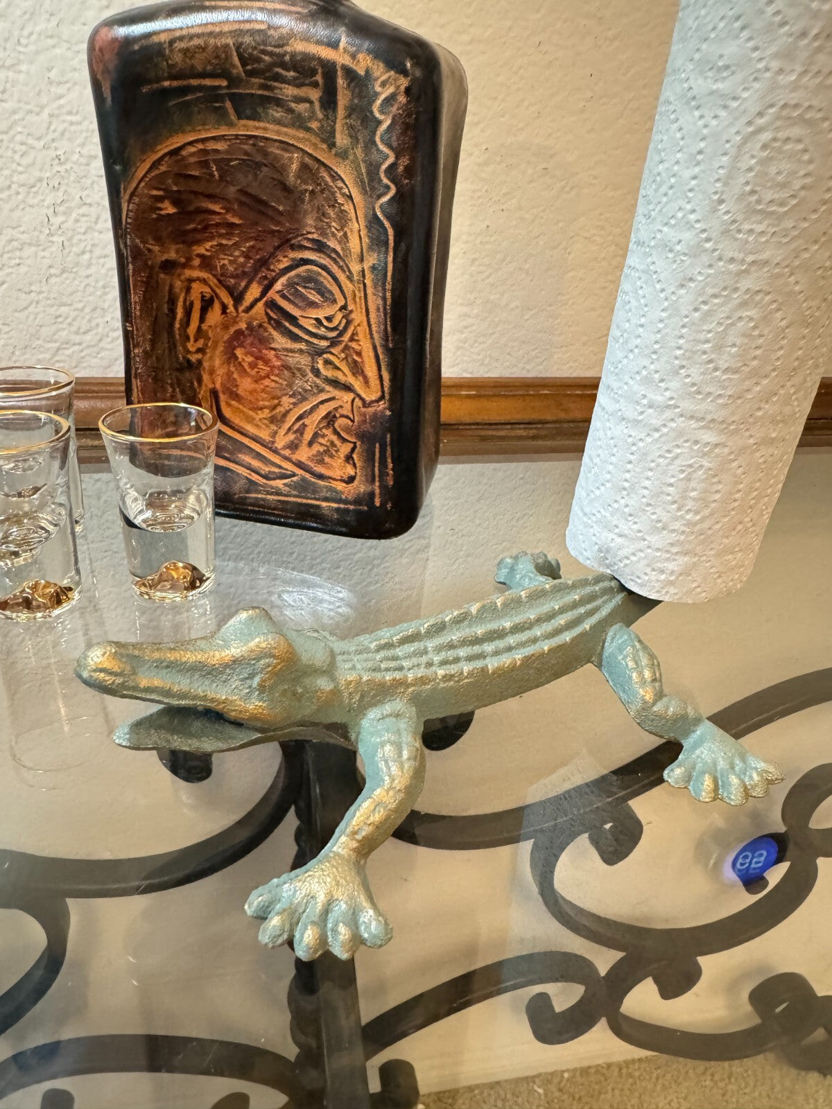 Whimsical Cast Iron Alligator Paper Towel Holder – 12” Tall Tail Stand, Light Bl