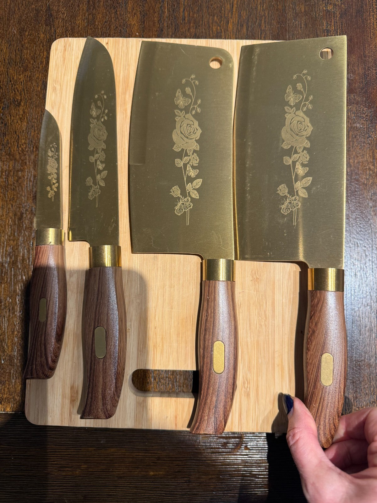Elegant 4Piece Gold Knife Set with Floral Engraving Wooden Handles Chef, Santoku