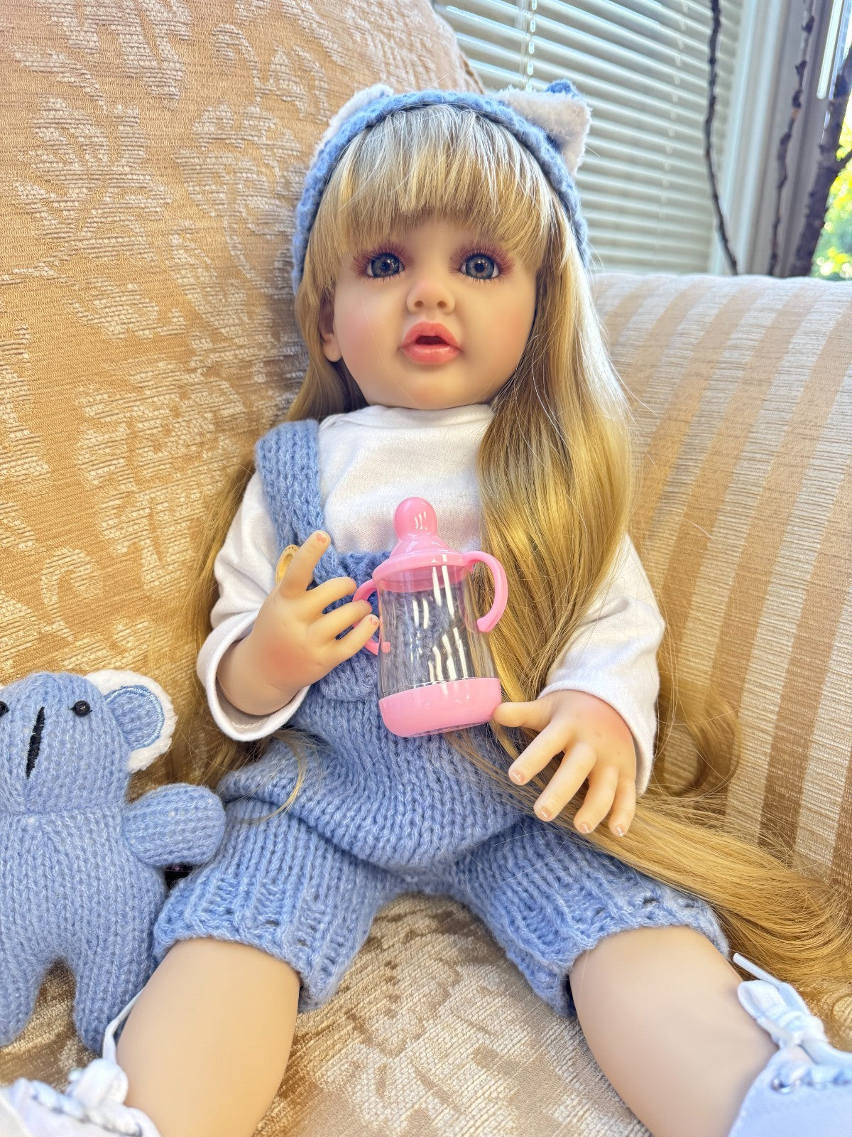Realistic 20” Reborn Baby Doll  Blonde Hair, Knit Blue Outfit, 20in