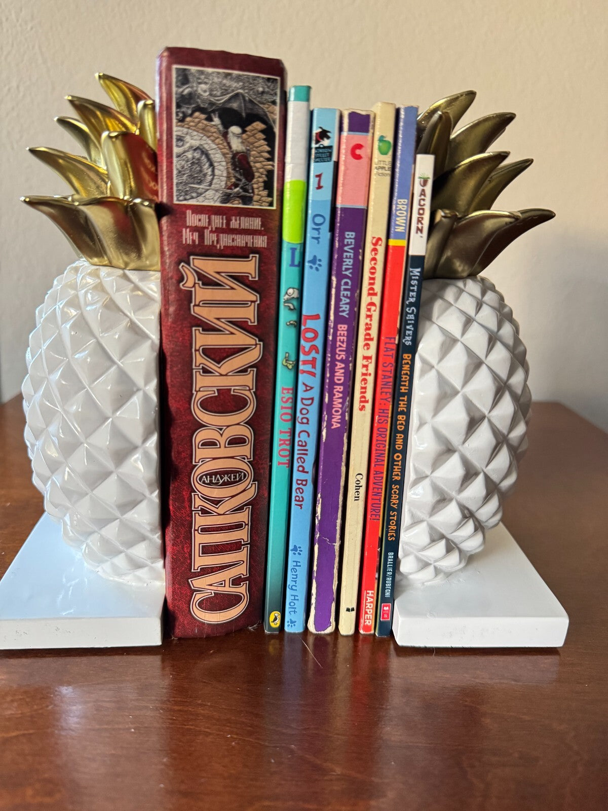 Pineapple Bookends - White Ceramic with Gold Accents, 7 Inches Tall”