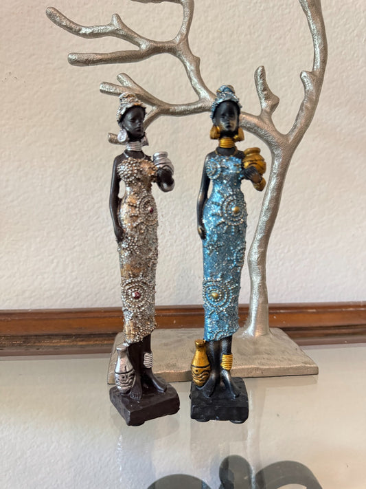 African Tribal Woman Figurines Pair  – Handcrafted Resin Statues, 8” Tall, Decor