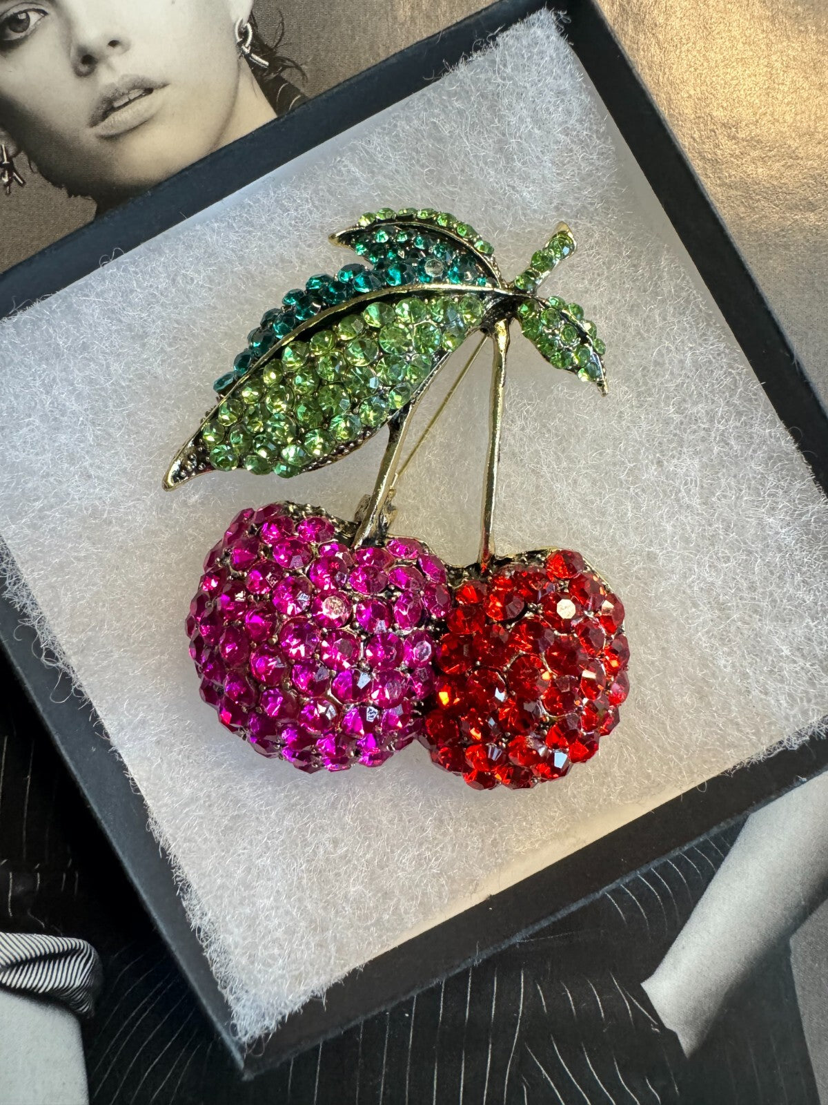 Rhinestone Cherry Set  Brooch and   Earrings Gift Box  Free Shipping 2-5 Day