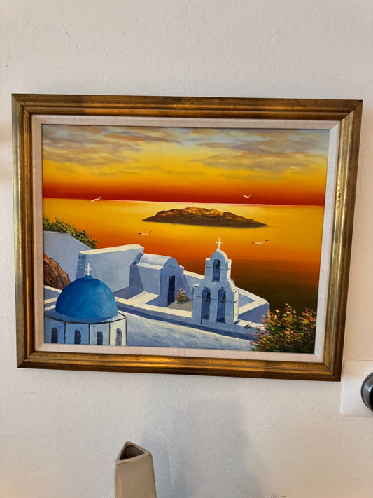 Alexis Original Greek Island Sunset Painting – 19”x23” – Santorini Scene,