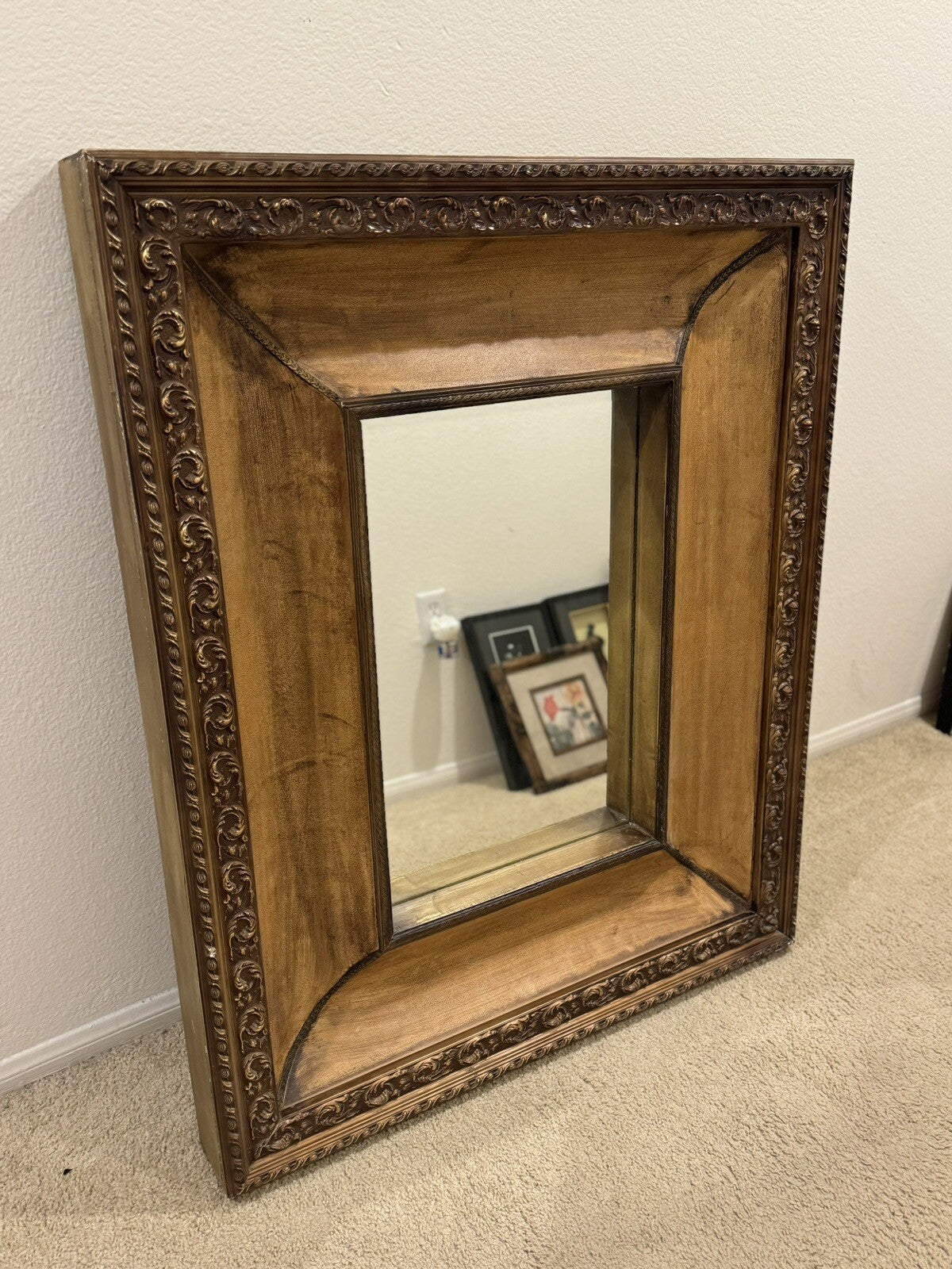 Antique Large Mirror Unique Handmade Wood And Leather Frame 43/34”