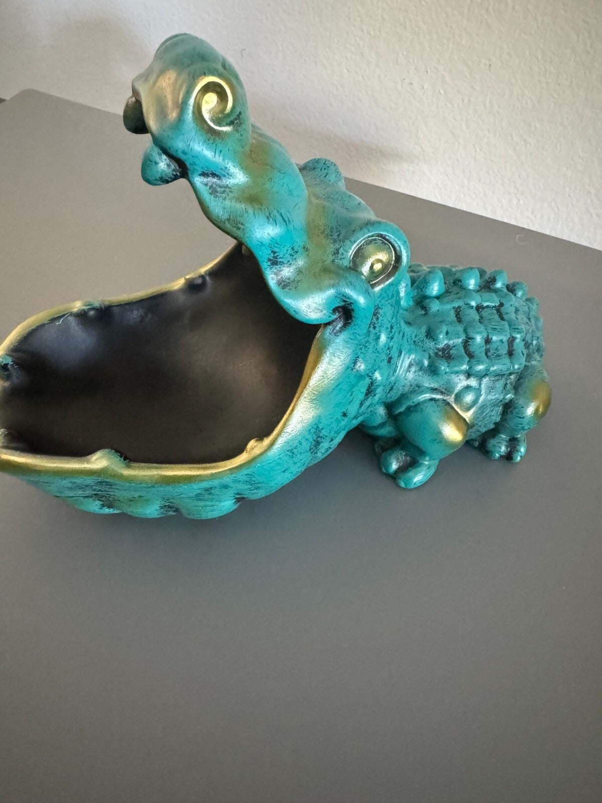 Turquoise and Gold Crocodile Storage Bowl - Unique Candy Dish or Key Holder