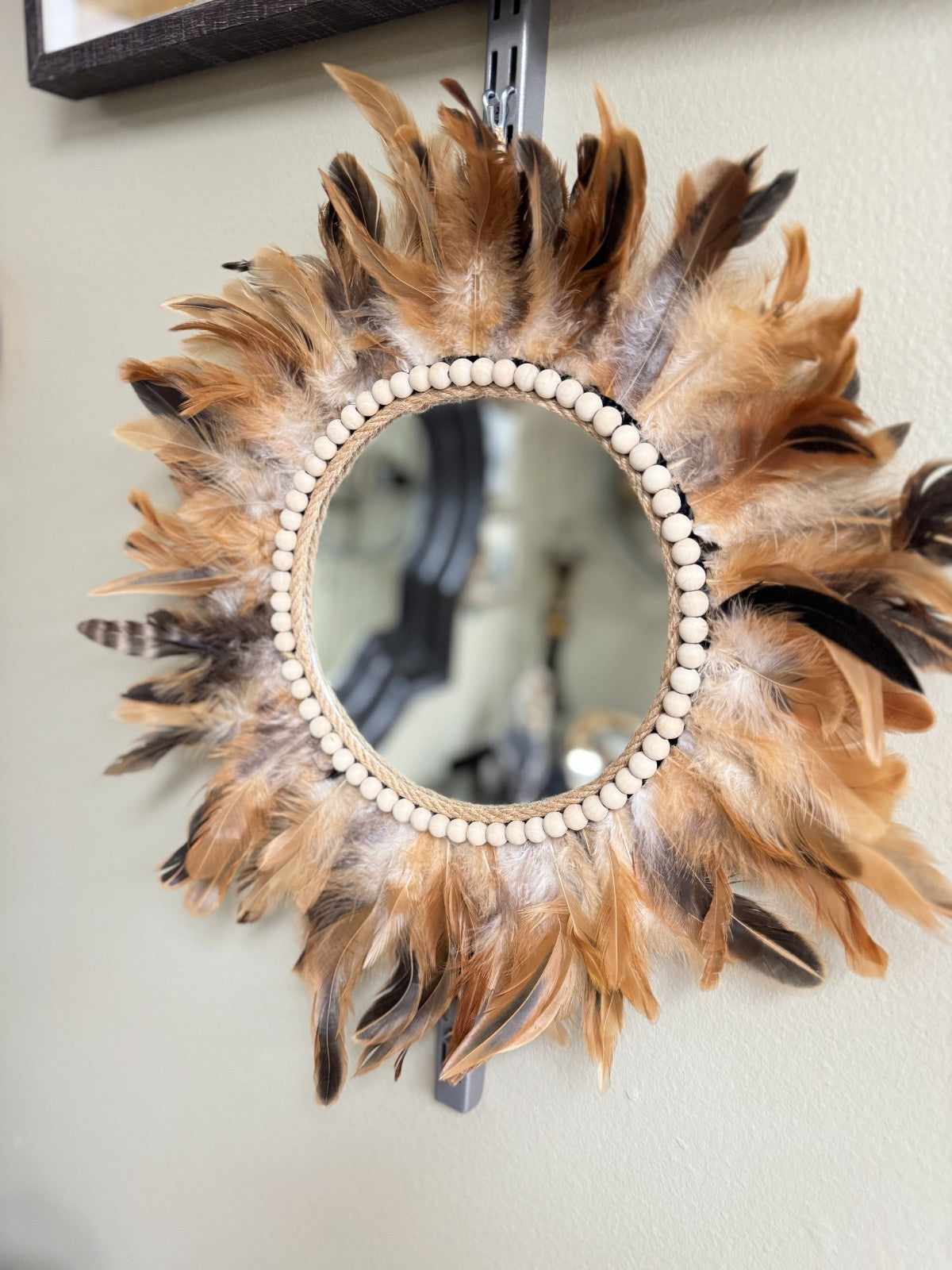 Boho Feather Sunburst Wall Mirror with Wood Beads – 15” Brand New