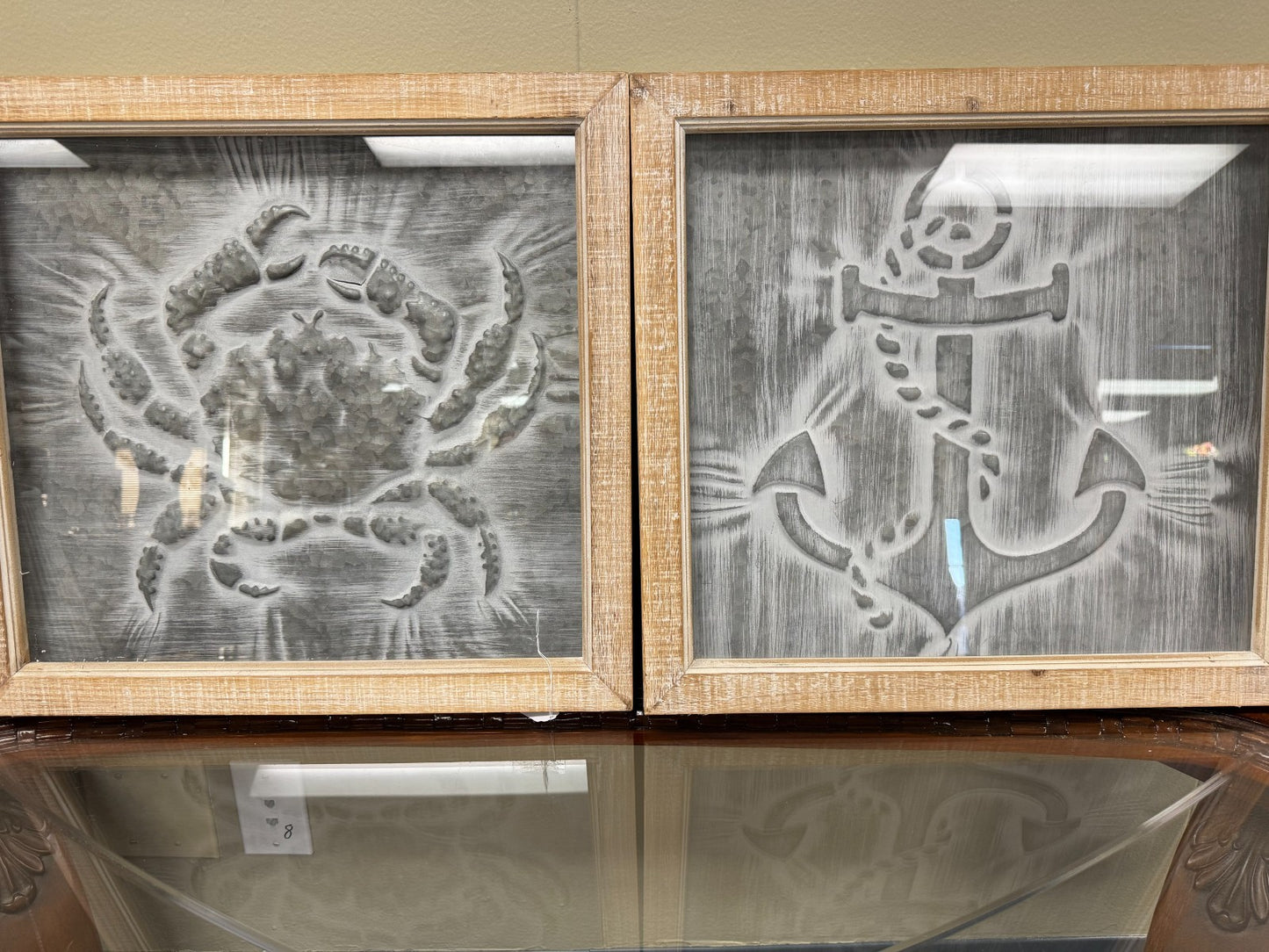Set of 2 Coastal Metal Wall Art – Crab & Anchor Embossed Designs 19x19