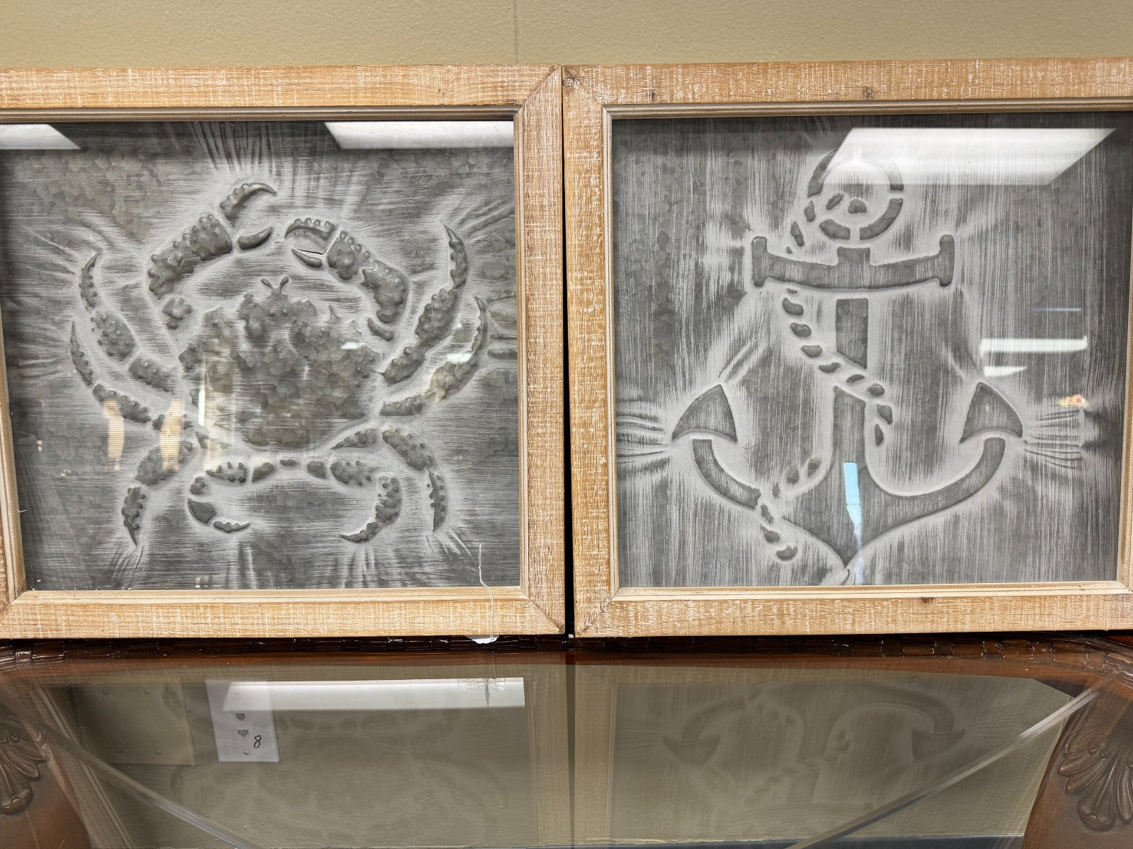 Set of 2 Coastal Metal Wall Art – Crab & Anchor Embossed Designs 19x19