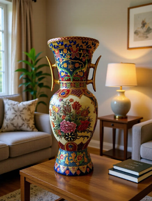 Vintage Japanese Satsuma Style Vase – Hand-Painted Floral & Gold Gilded Handles