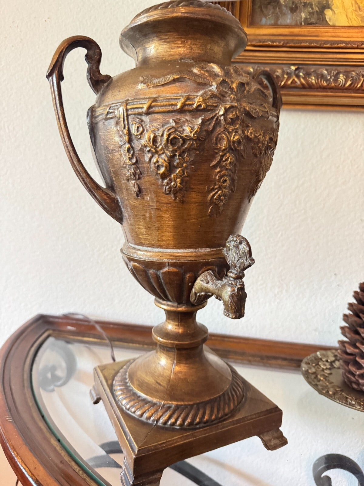 Vintage Bronze-Style Samovar Table Lamp with Spigot & Shade – 35” Tall