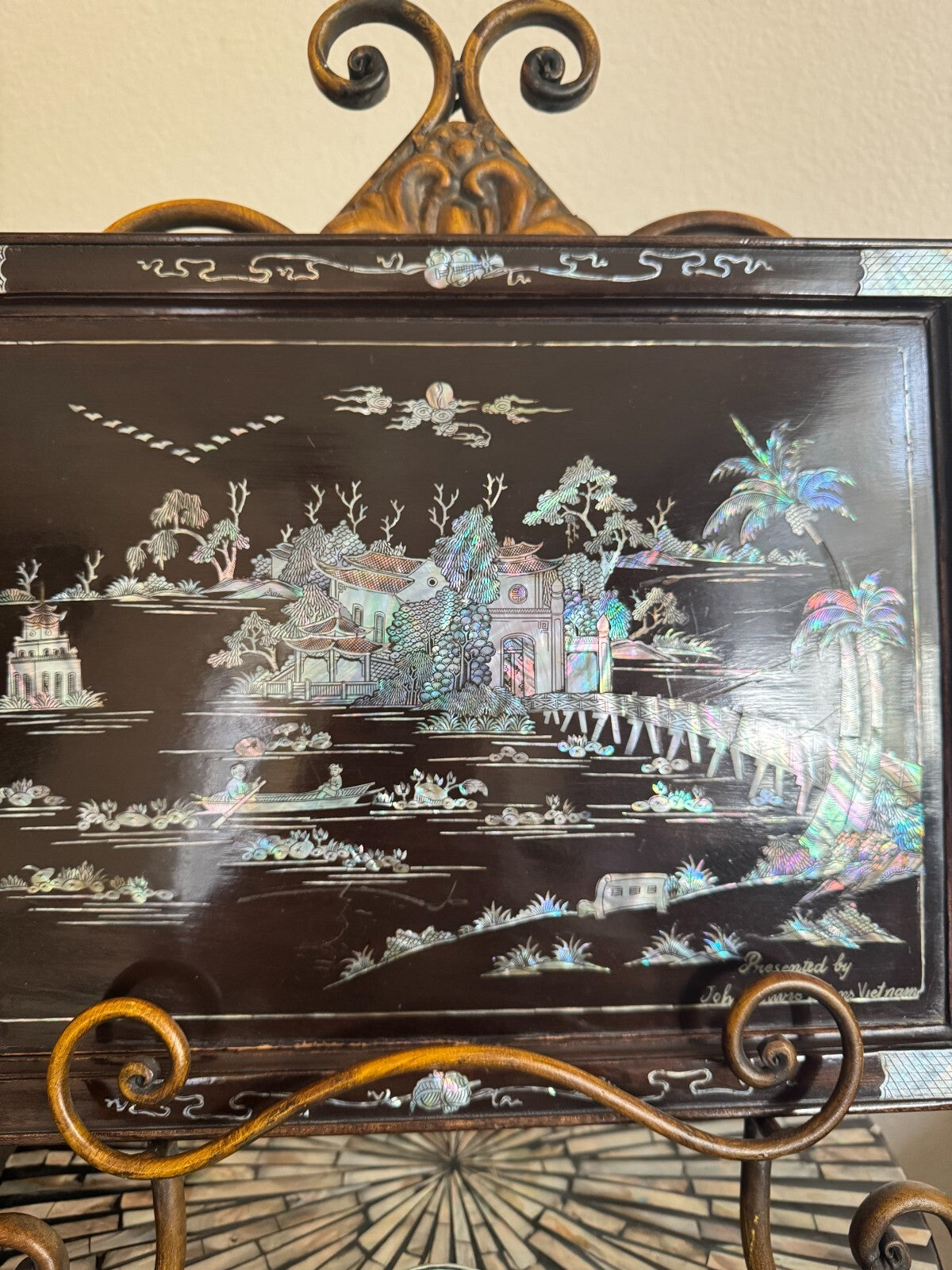 Vintage Vietnamese Mother of Pearl Inlay Lacquer Panel – 12x15”