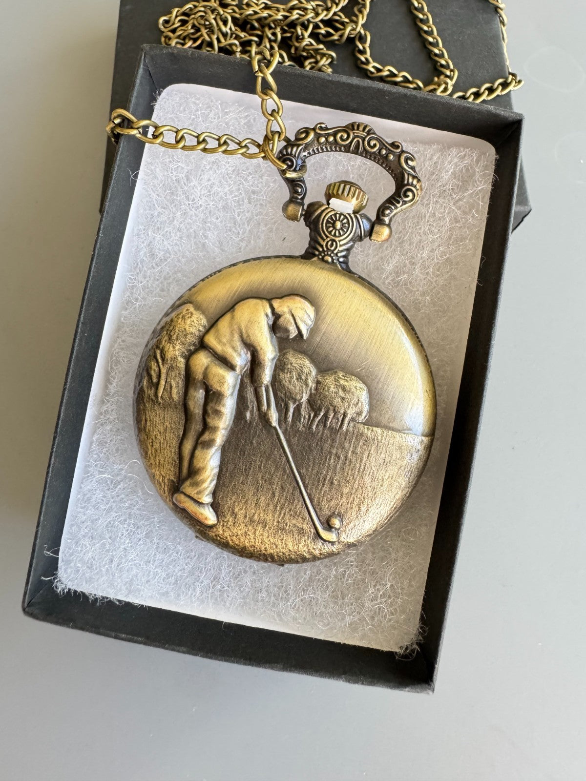 Bronze 3D Golfing Theme Golf Fob Pocket Watch Quartz Pocket Watch with 80cm/ 31.