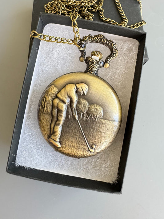 Bronze 3D Golfing Theme Golf Fob Pocket Watch Quartz Pocket Watch with 80cm/ 31.