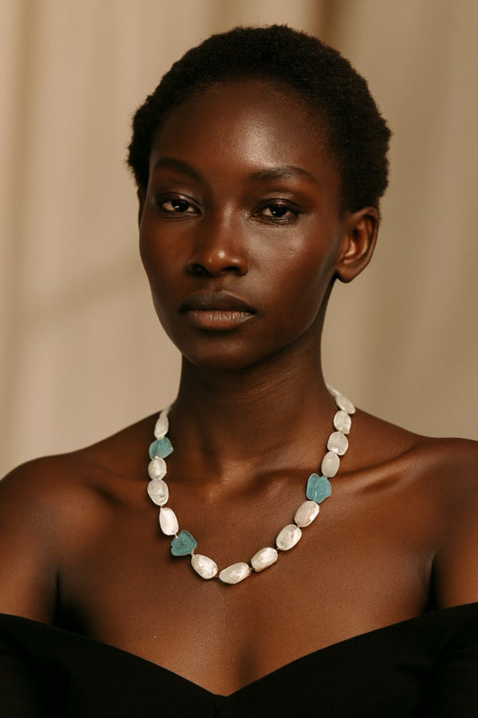 Natural Baroque Pearl & Raw Aquamarine Gemstone Necklace – 18” Adjustable, Handm
