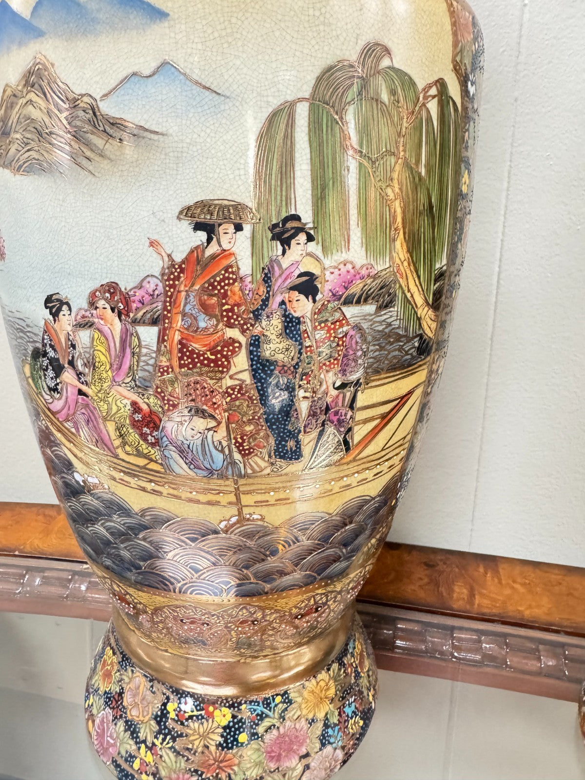 Pair Large 24” Japanese Satsuma Vases Hand Painted Gold Moriage Geisha Scene