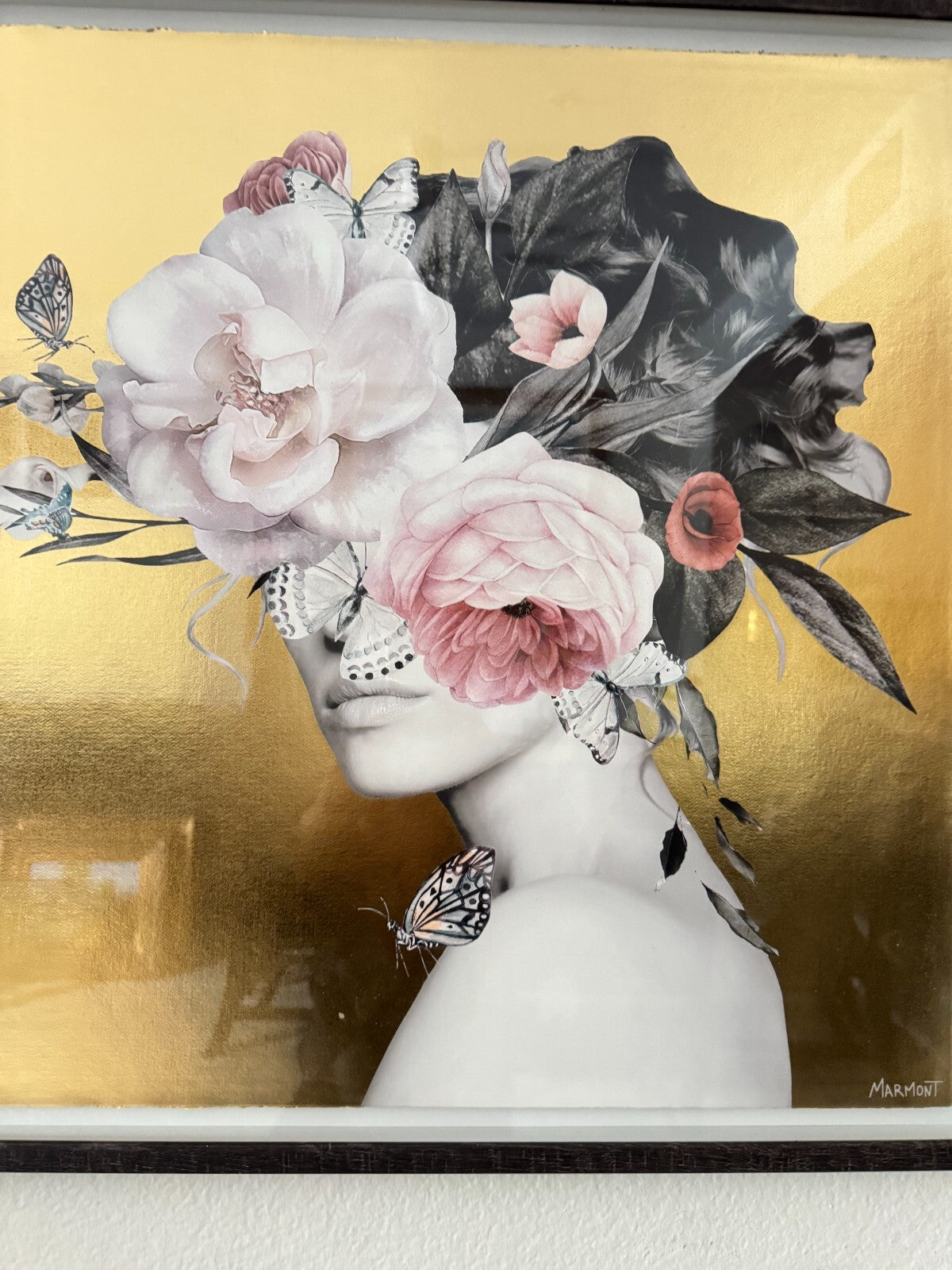 Framed Modern Art Print by Marmont – Floral & Gold Abstract Portrait – 24” x 24”