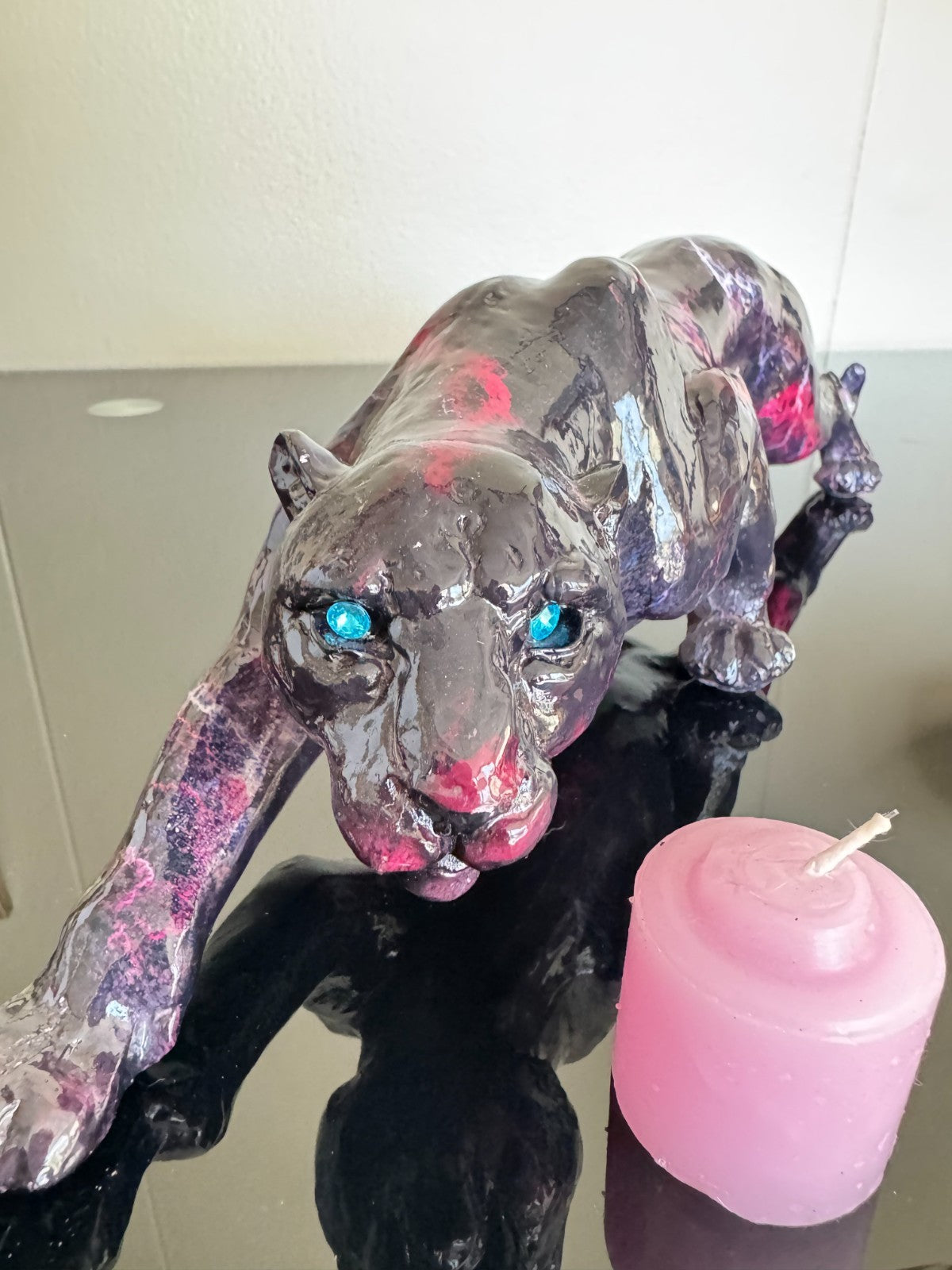 Resin  Panther Figurine Black - Pink  With Blue Eyes – 15” Long