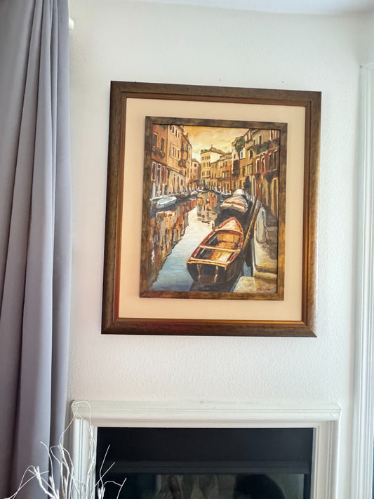 Framed Oil Painting of Venice Canal Scene – 36”x43” Wall Art – Rustic Boat