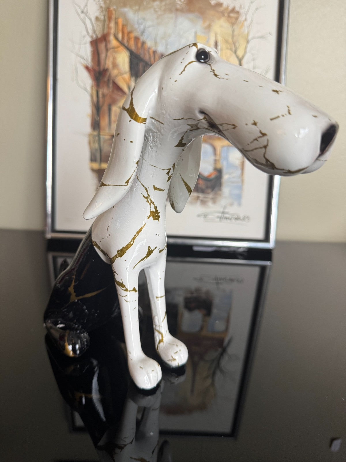 Stylized Resin Dog Figurine – White & Black with Gold Marble Accents 8.5Tall