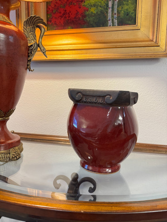 Vintage Red Ceramic Vase with Black Metal Scroll Rim 9x6”