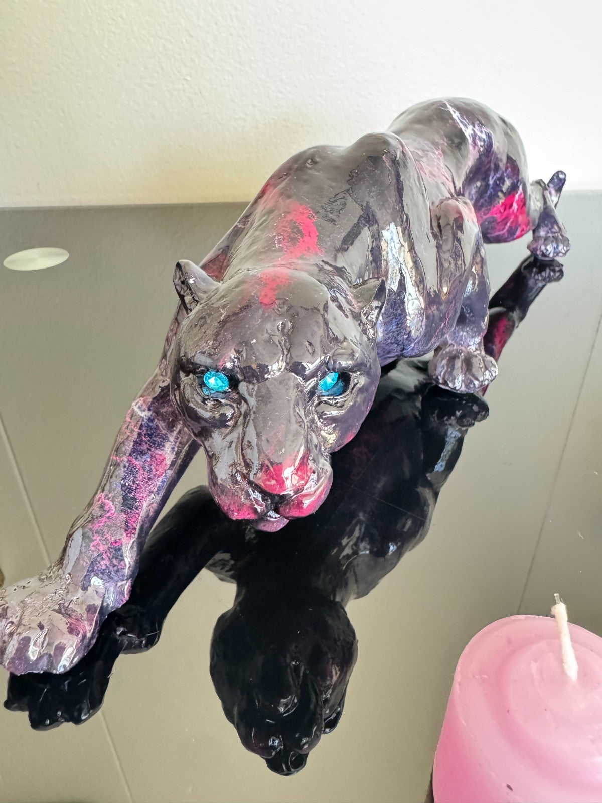 Resin  Panther Figurine Black - Pink  With Blue Eyes – 15” Long