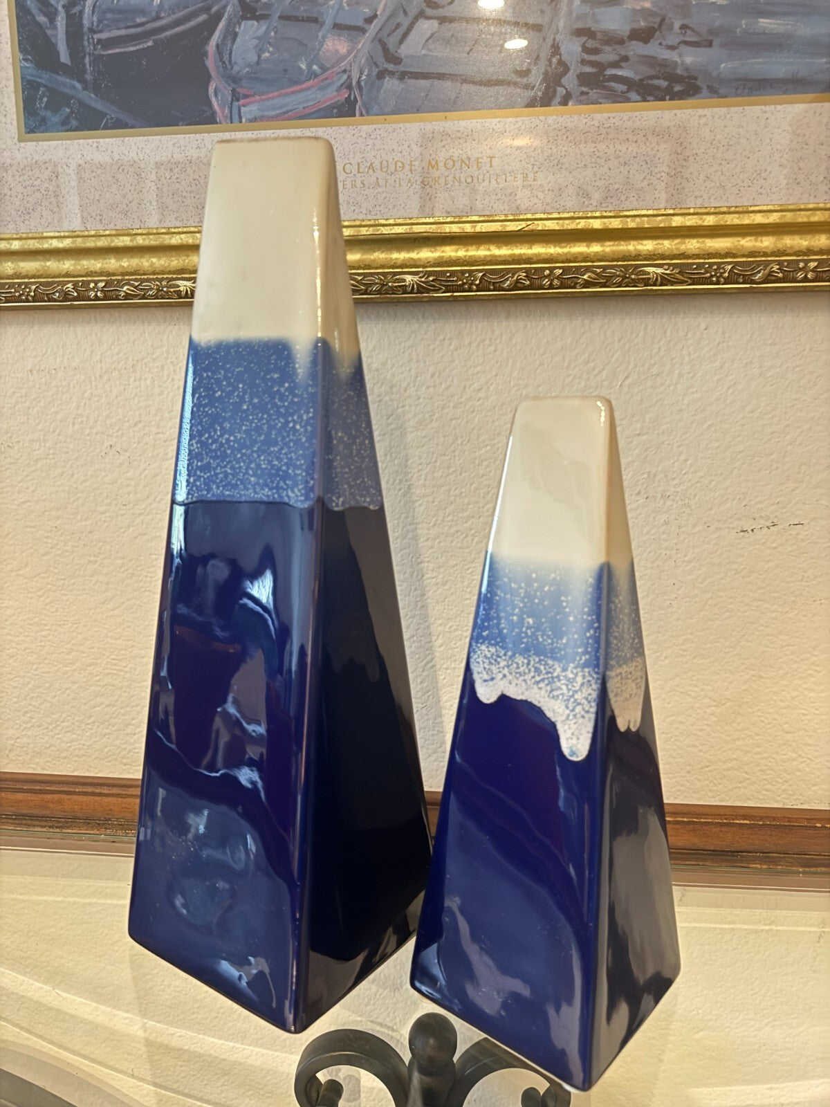 Set of 2 Modern Ombre Blue & White Ceramic Vases – 16” & 12” Geometric Tapered
