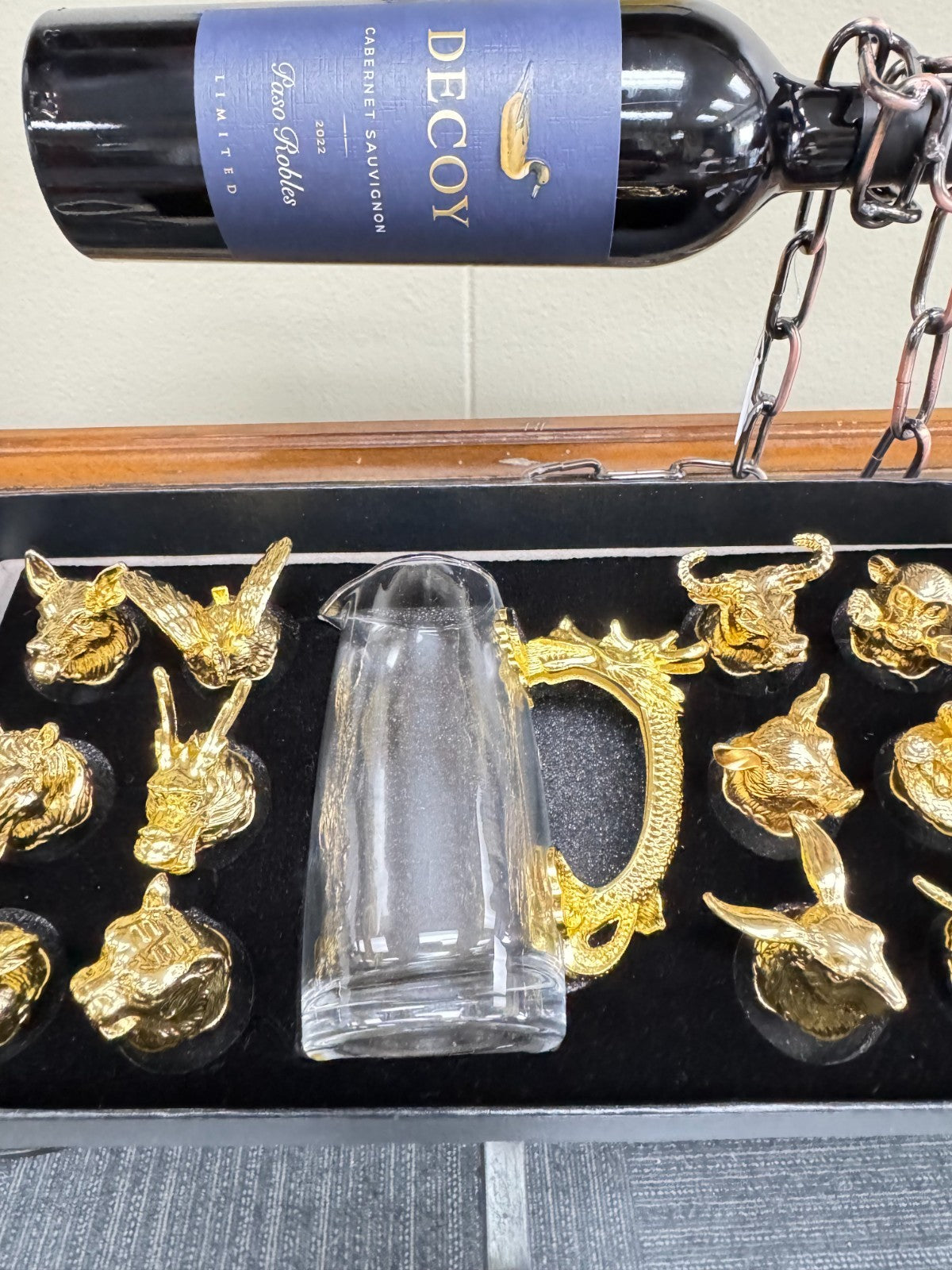 Chinese Zodiac Animal Head 12 Glass Shot Glasses with Golden Dragon Handle Gift