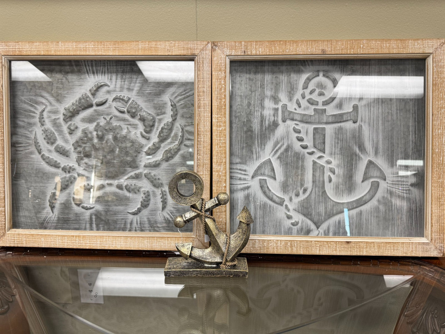 Set of 2 Coastal Metal Wall Art – Crab & Anchor Embossed Designs 19x19
