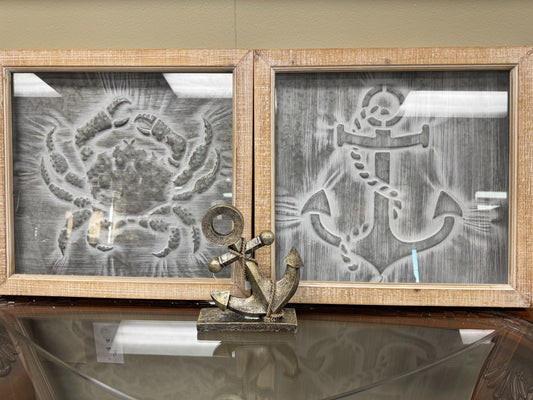 Set of 2 Coastal Metal Wall Art – Crab & Anchor Embossed Designs 19x19