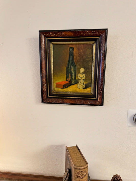 Rear Vintage Still Life Oil Painting Signed – Bottle Matchbox Cherub Statue 1960