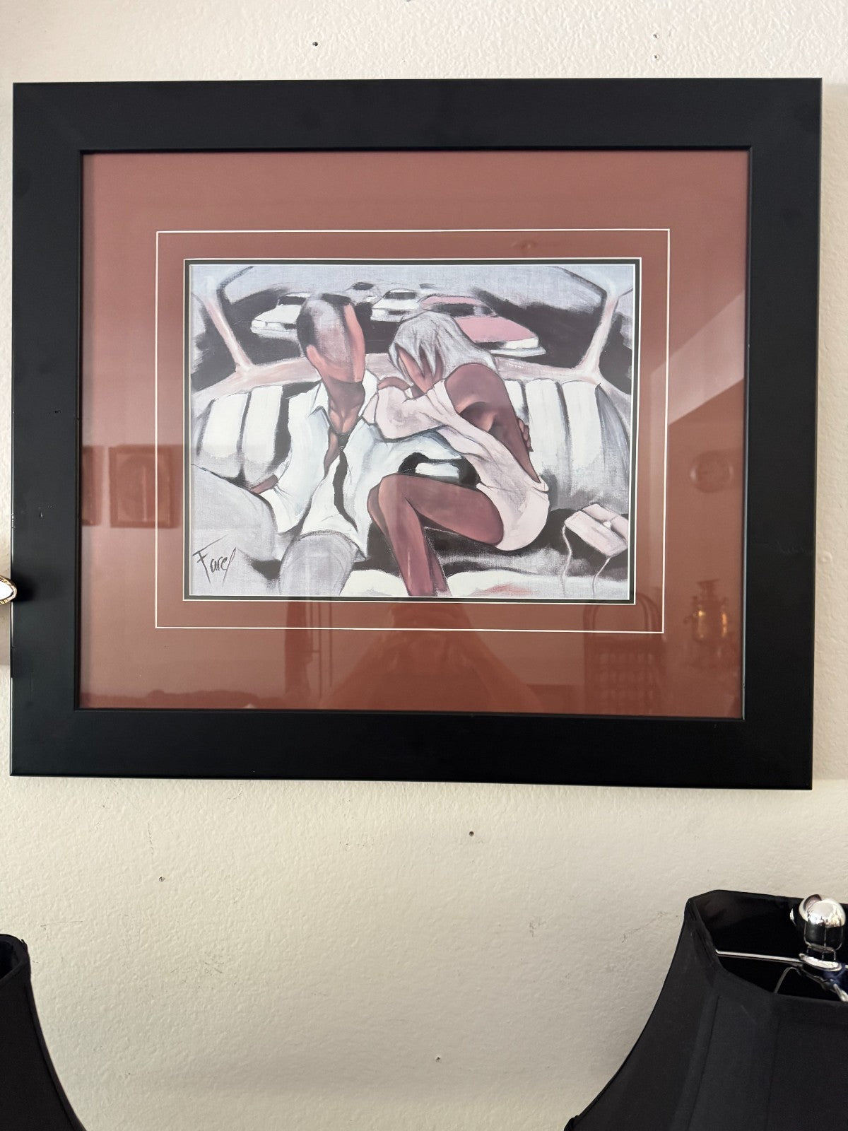 Framed Print by Fare – Romantic Couple in Car – Modern Expressionist Style – 28”