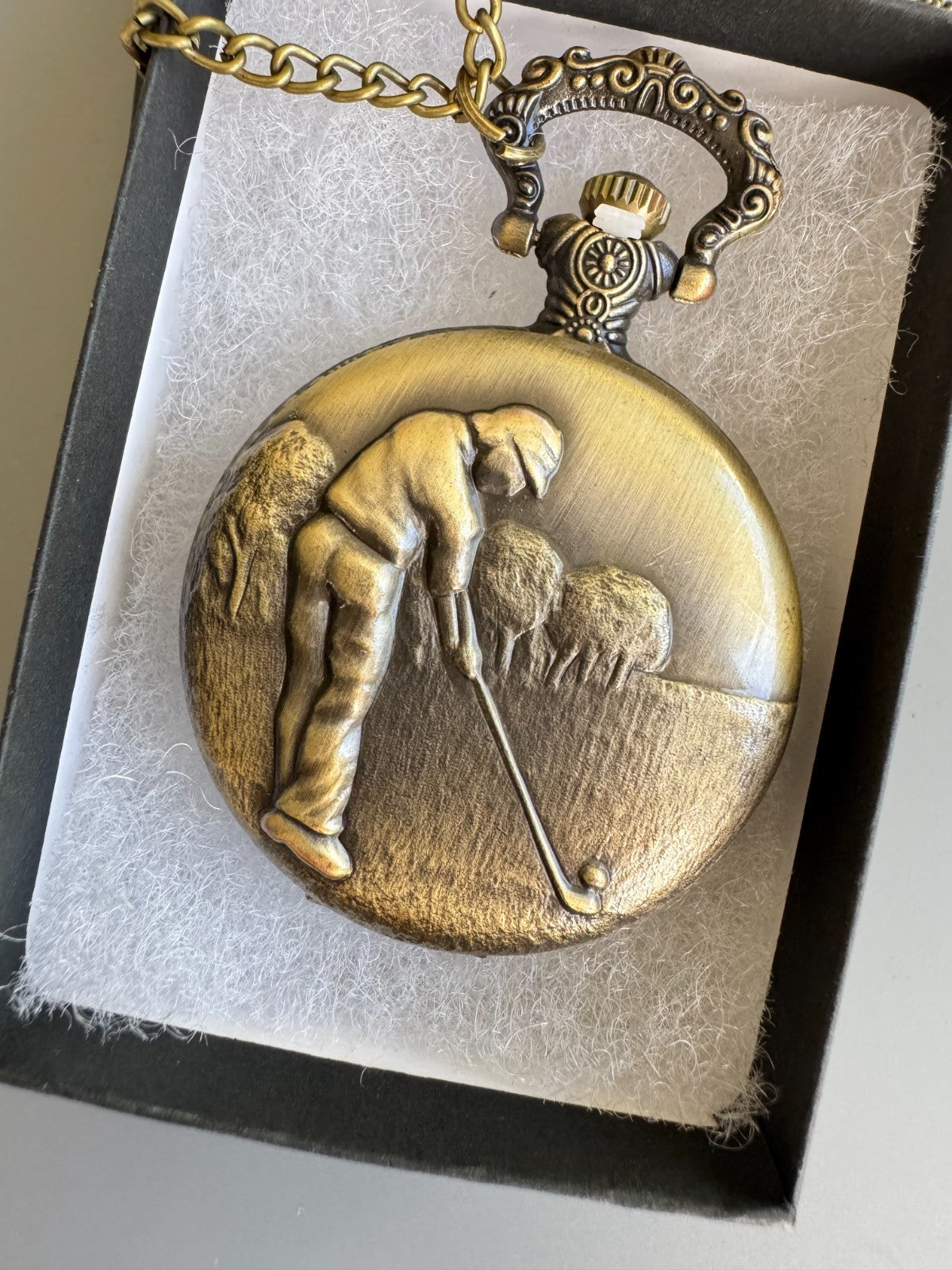 Bronze 3D Golfing Theme Golf Fob Pocket Watch Quartz Pocket Watch with 80cm/ 31.