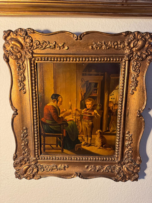 Antique oil painting On Metal family scene with ''Grandmother and Grandson'